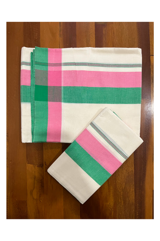 Pure Cotton Mundum Neriyathum Double (Set Mundu) with Green and Pink Border
