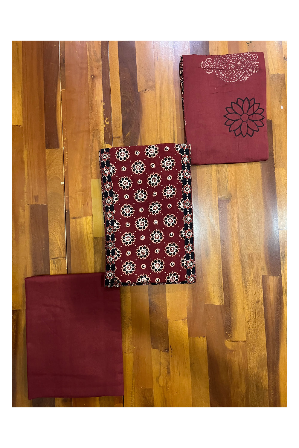 Southloom™ Cotton Churidar Salwar Suit Material with Black Maroon Ajrakh Prints