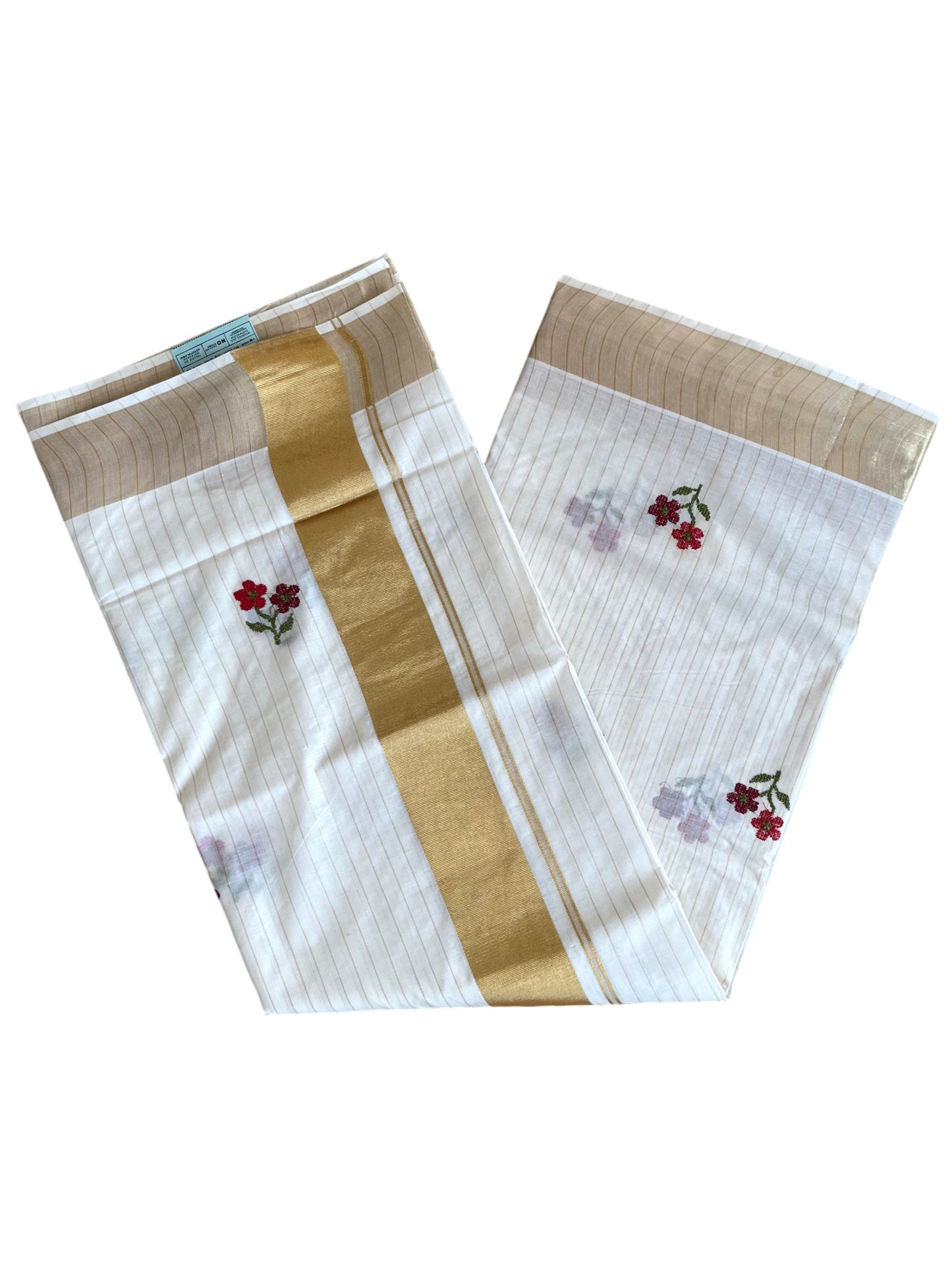 Southloom Kerala Cotton Kasavu Stripes Saree with Red and Maroon Floral Embroidery Work