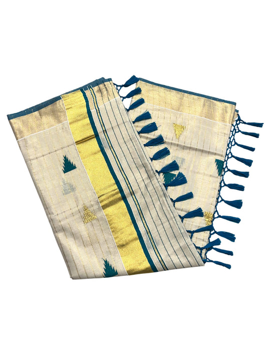 Kerala Tissue Kasavu Stripes Saree with Peacock Green and Gold Temple Embroidery Design on Body