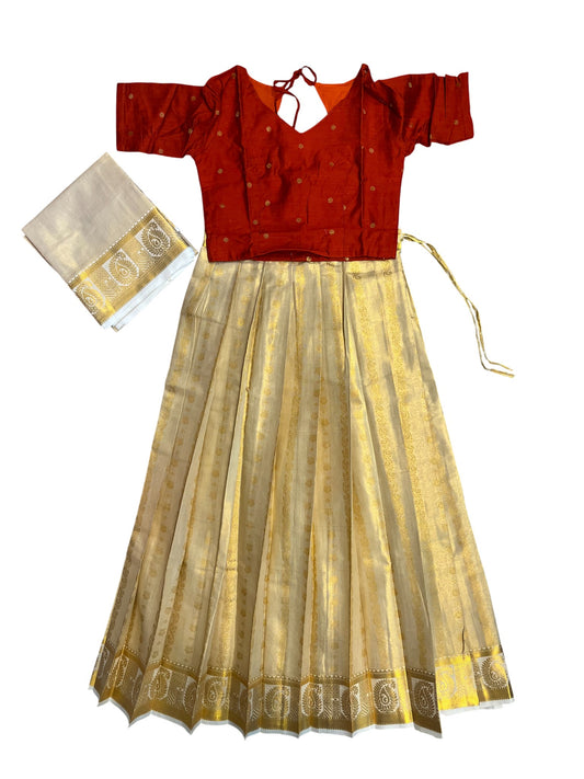 Southloom Semi Stitched Tissue Dhavani Set with Pavada and Orange Blouse Piece