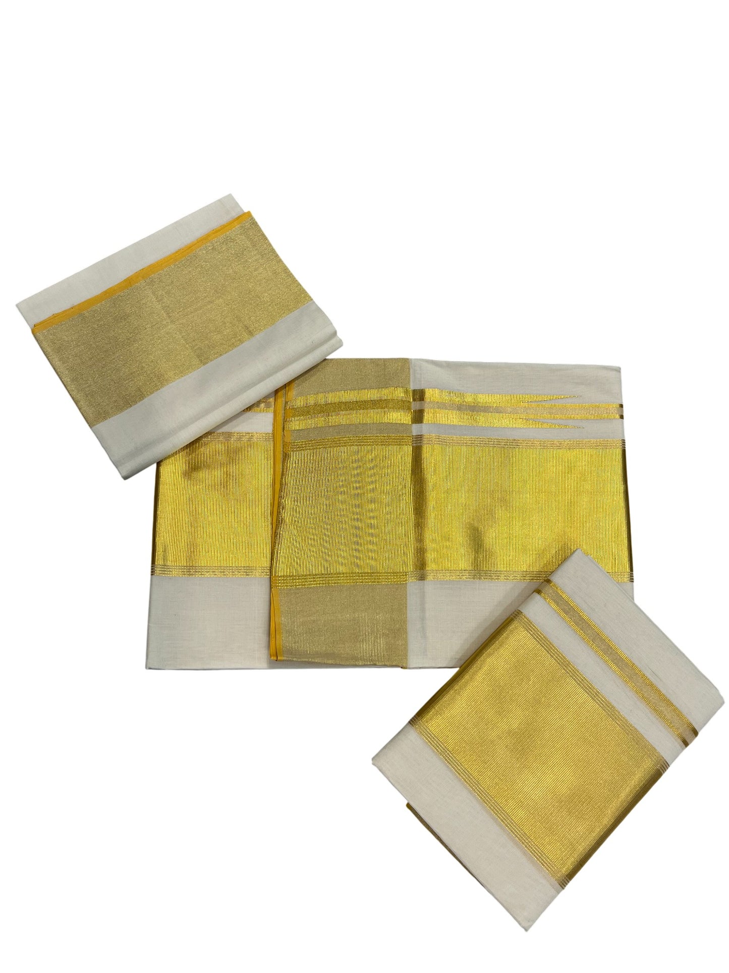 Southloom Premium Handloom Cotton Set Mundu (Mundum Neriyathum) with Kasavu and Green Lines Border 2.80 Mtrs