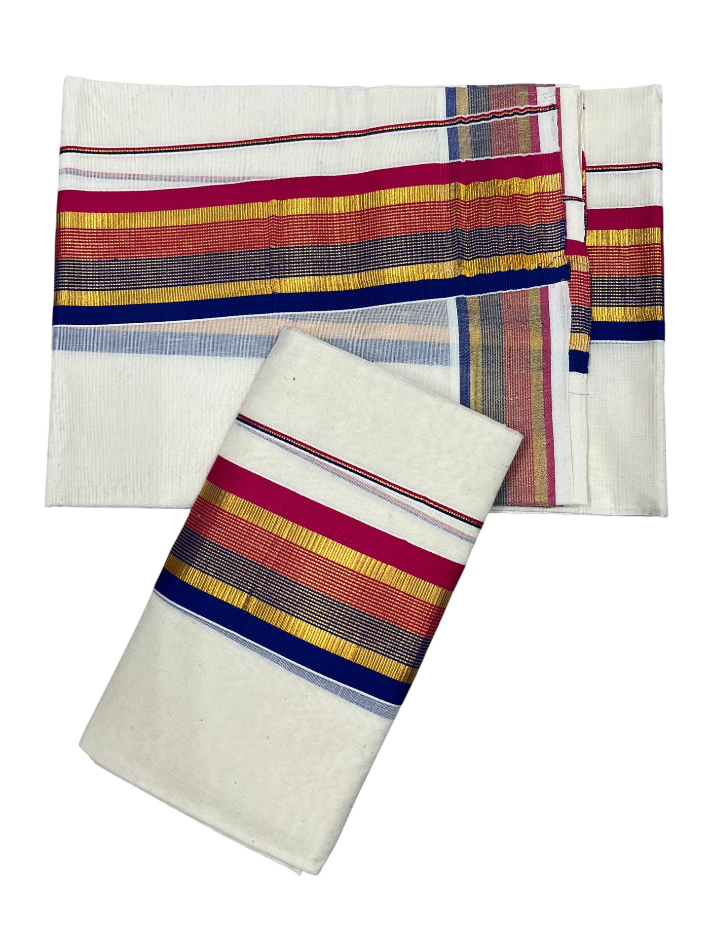 Kerala Cotton Kasavu Set Mundu (Mundum Neriyathum) with Pink and Blue Border 2.80 Mtrs