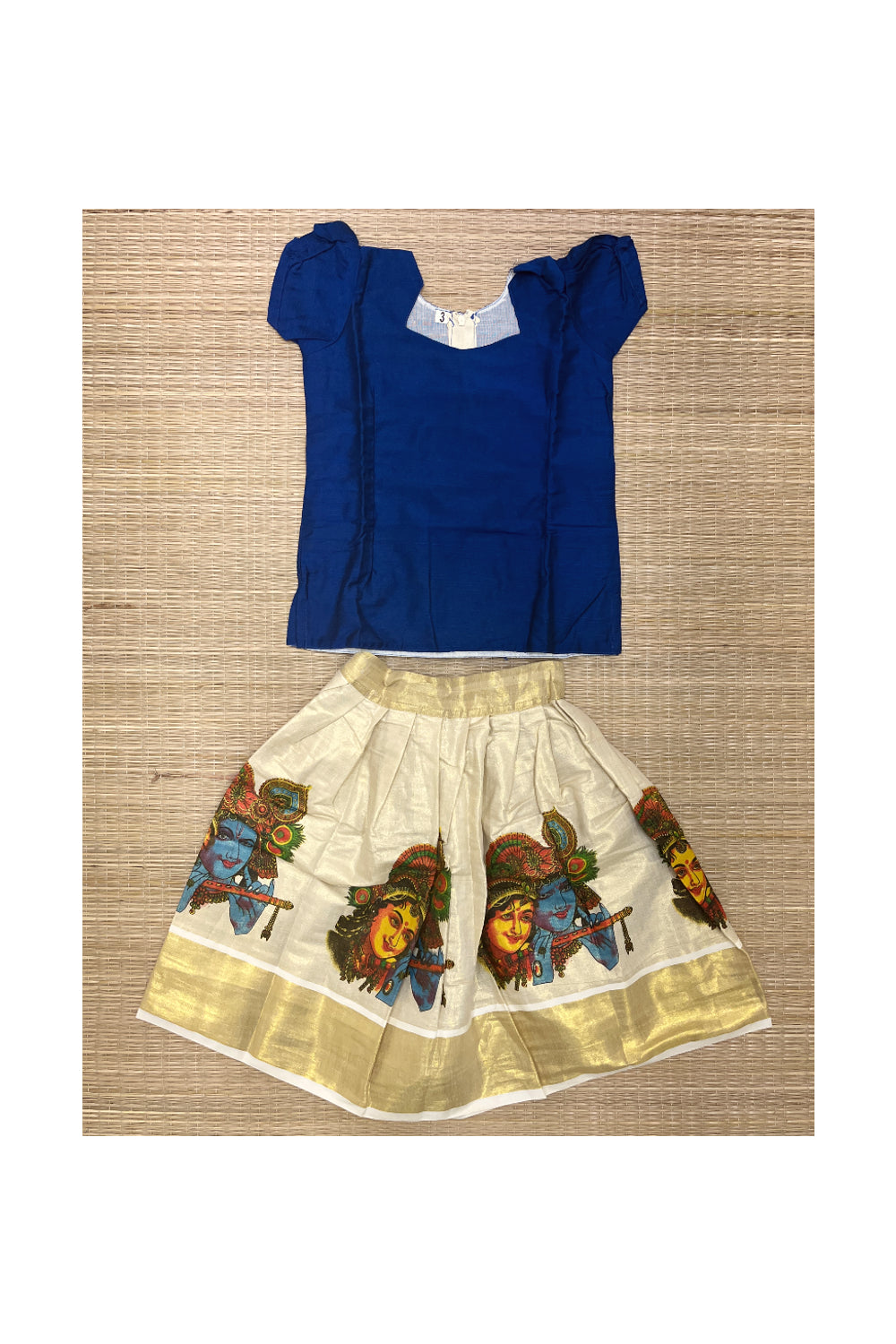 Southloom Kerala Tissue Pavada and Blouse with Krishna Radha Mural Designs (Age - 3 Years)