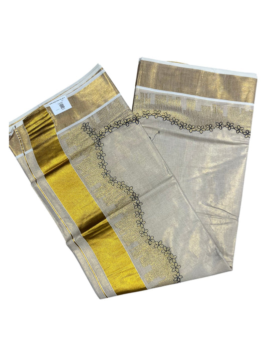 Southloom Tissue Kerala Kasavu Saree with Blue Floral  Embroidery Design
