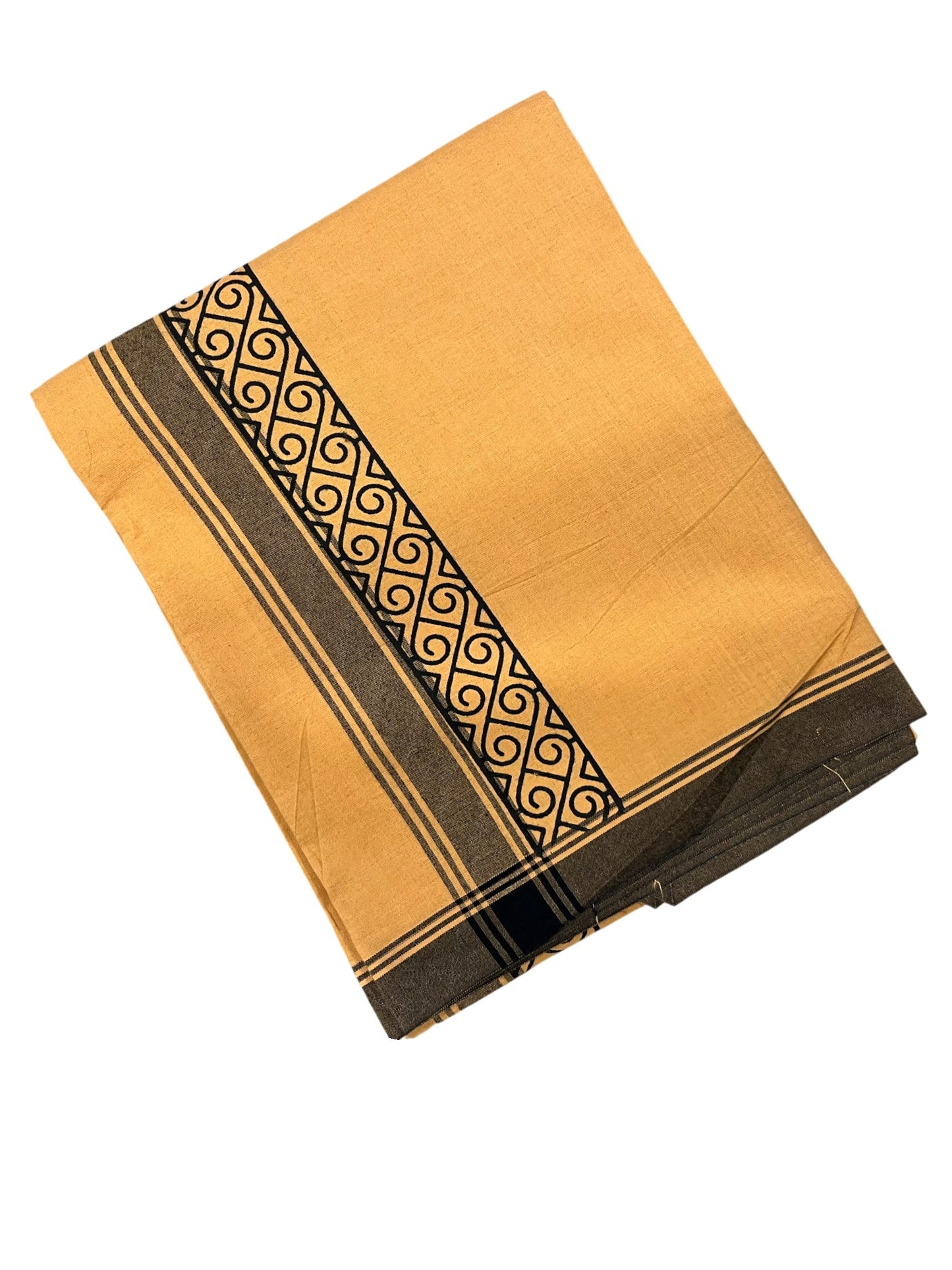 Southloom Saffron (Kaavi) Black Printed Single Mundu / Lungi (South Indian Kerala Dhoti)