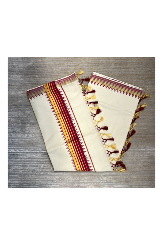 Southloom Cotton Kerala Kasavu Saree with Temple Design Border