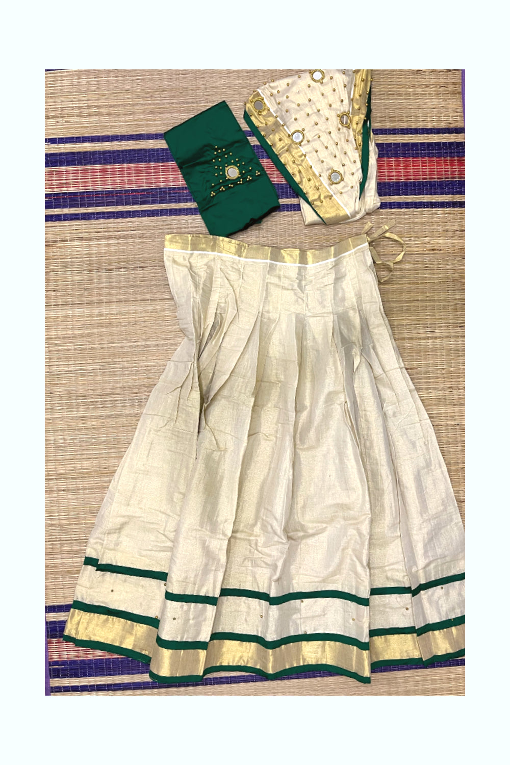Southloom Semi Stitched Tissue Dhavani Set with Bead Work Pavada and Green Blouse Piece