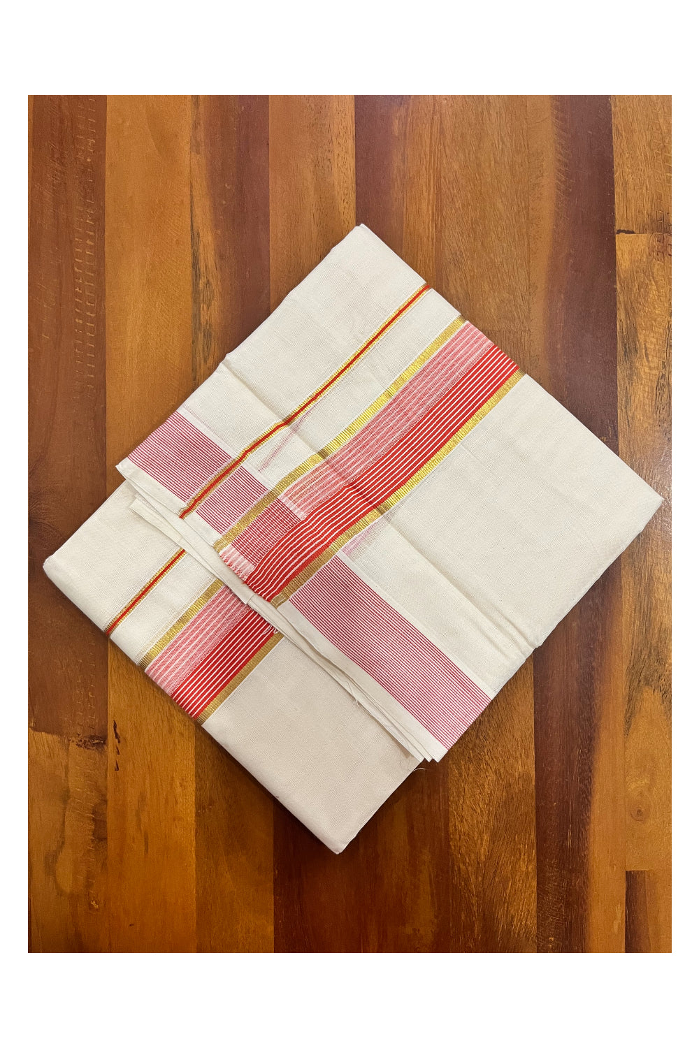 Kerala Pure Cotton Double Mundu with Orange Lines and Kasavu Border