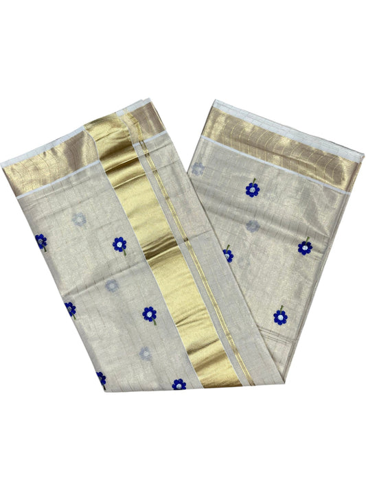 Southloom Kerala Tissue Kasavu Lines Saree with Blue Floral Embroidery Work on Body