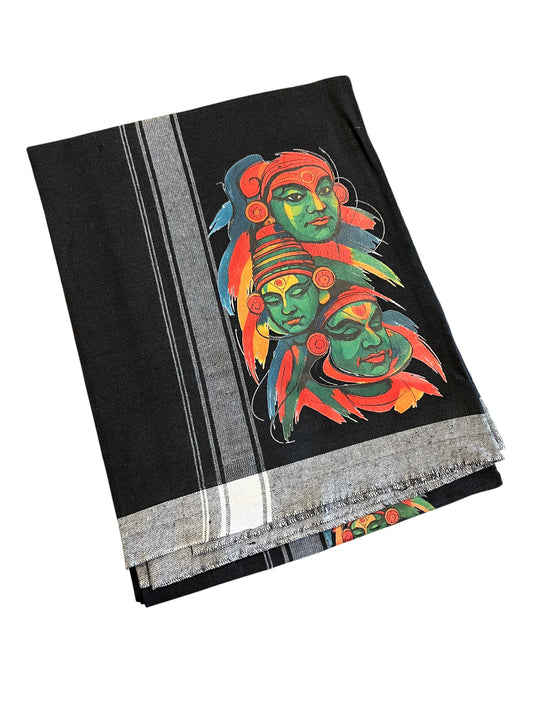Southloom Black Printed Kathakali & Theyyam Single Mundu / Otta Mundu  (South Indian Kerala Dhoti)