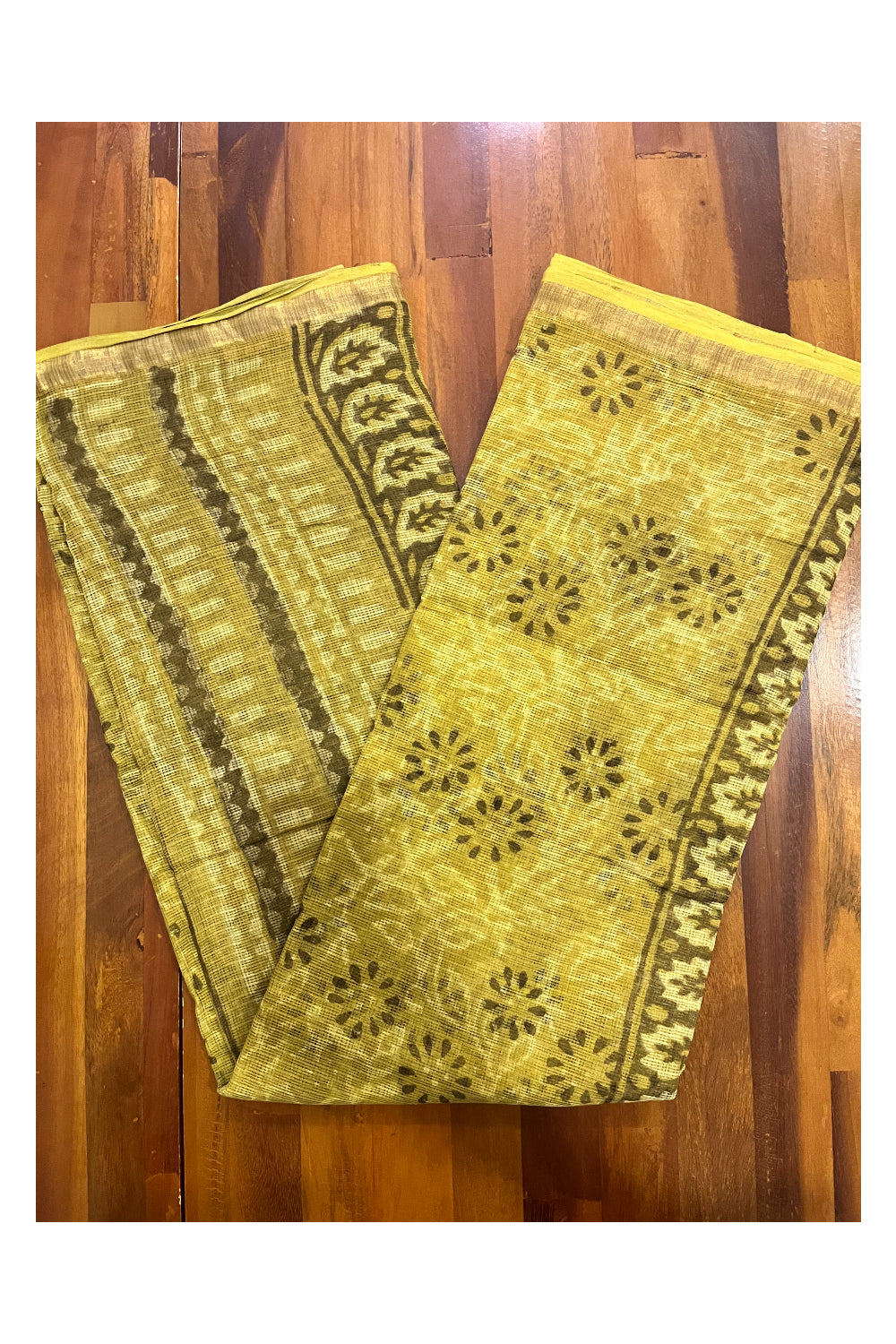 Southloom Kota Fabric Floral Printed Mustard Yellow Saree