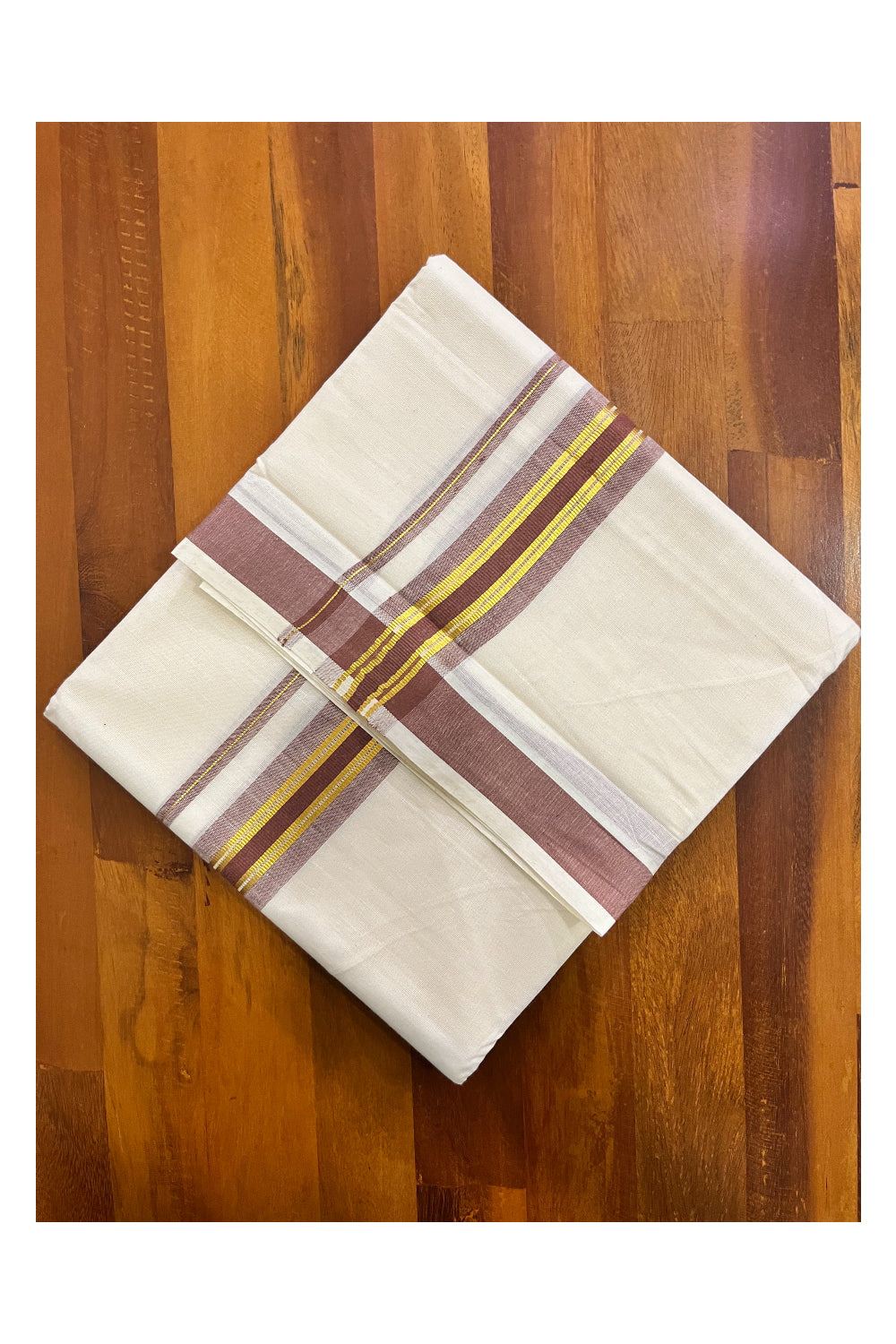 Pure Cotton Off White Kerala Double Mundu with Brown and Kasavu Border (South Indian Dhoti)