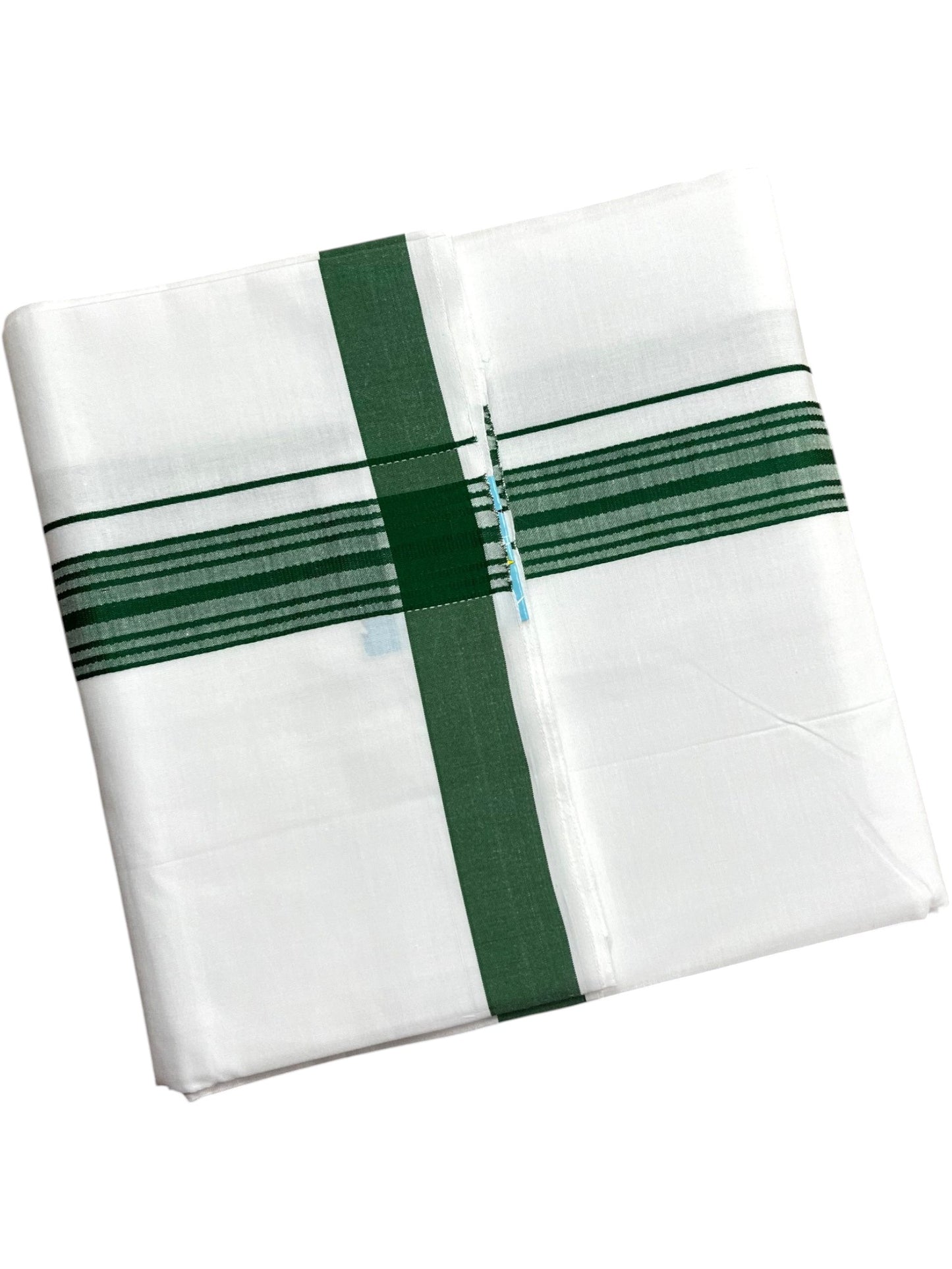 Southloom Pure White Single Cotton Mundu with Green Border (South Indian Kerala Dhoti)