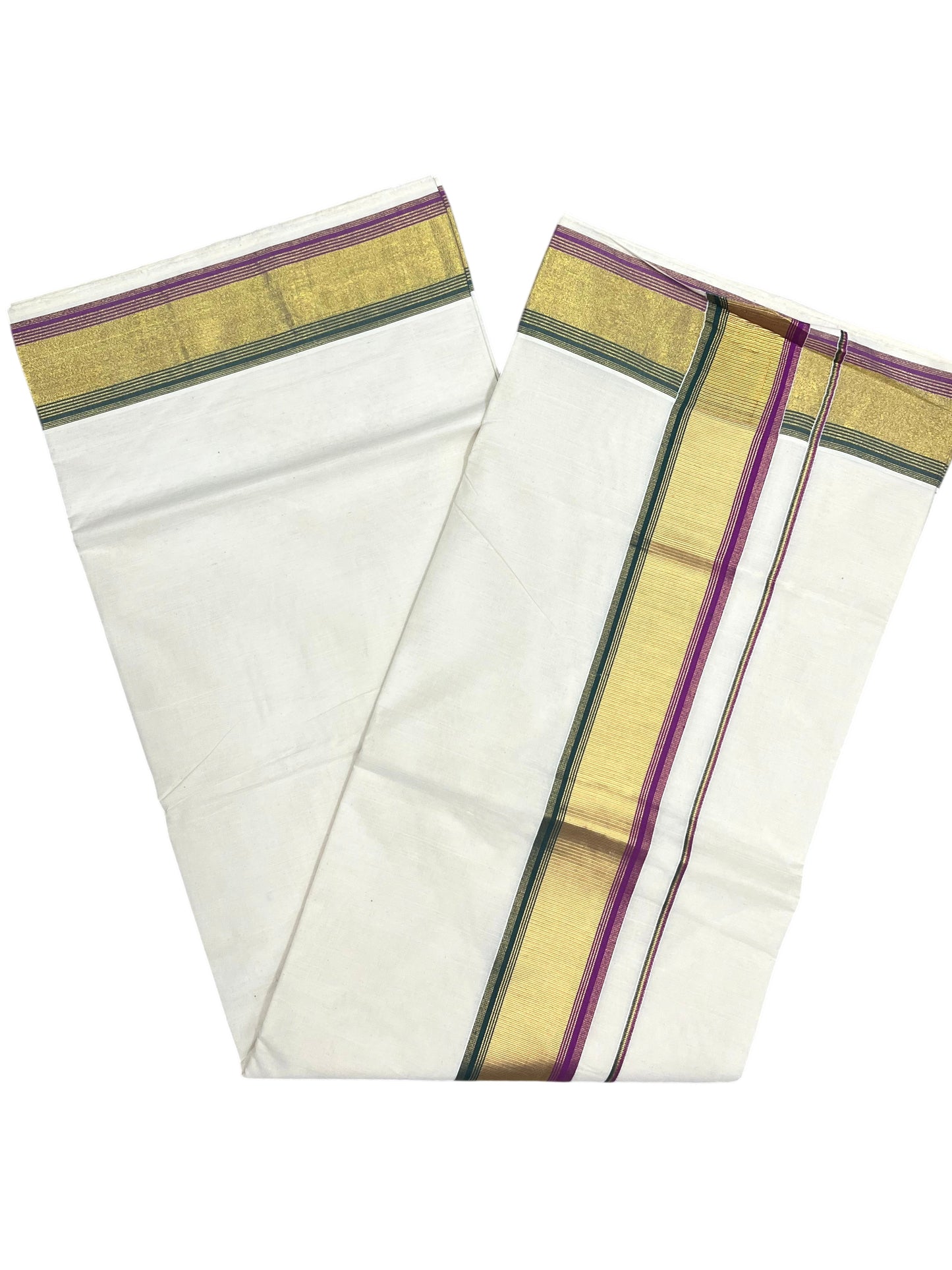 Southloom Kerala Cotton Kasavu Saree with Green And Magenta Border