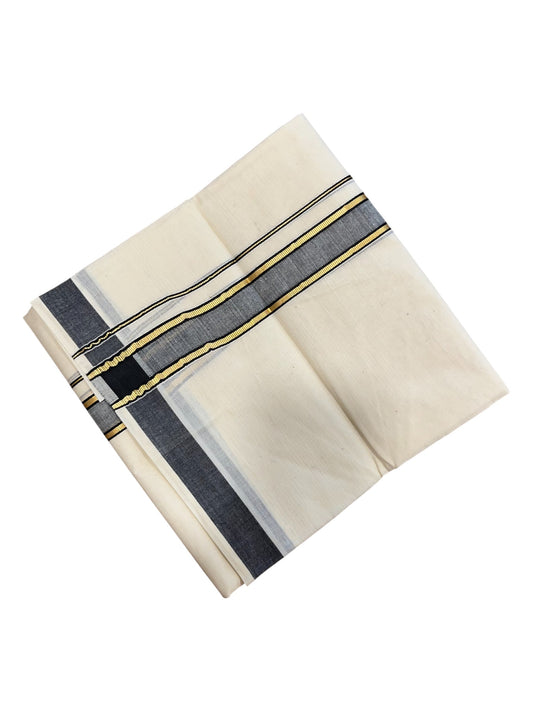 Southloom Pure Cotton Double Mundu With Gold Kasavu &Gray Border (South Indian Kerala Dhoti)