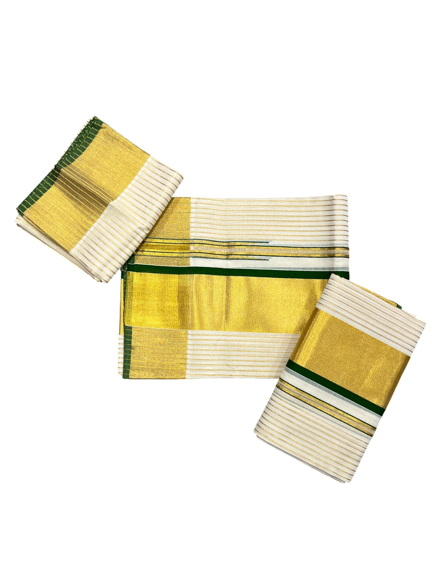 Southloom Premium Handloom Cotton Set Mundu with Kasavu and Green Border (2.80 Mtr)