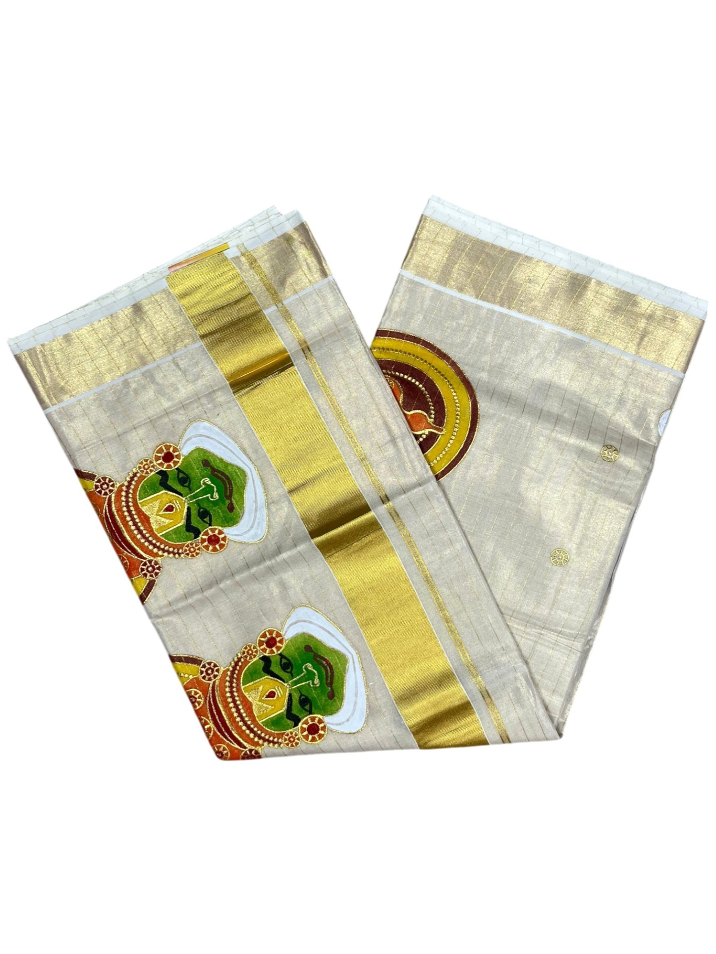 Southloom Tissue Kerala Kasavu Lines Saree with Kathakali Embroidery Design SL339