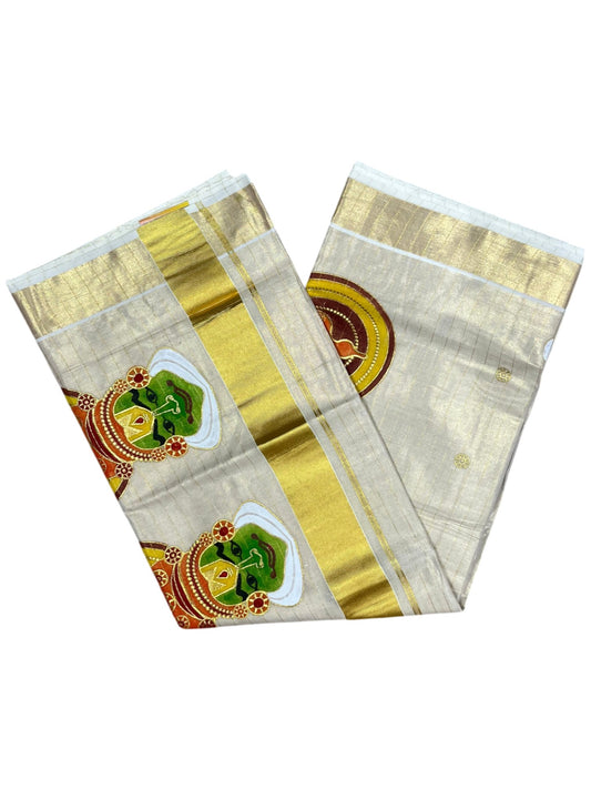 Southloom Tissue Kerala Kasavu Lines Saree with Kathakali Embroidery Design