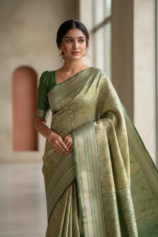 Southloom Semi Banarasi Katan Tissue Saree with Woven Work on Body and Borders (Golden & Green)