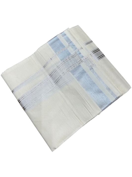 Southloom Pure Cotton Double Mundu with Silver Lines and Silver Border (South Indian Kerala Dhoti)