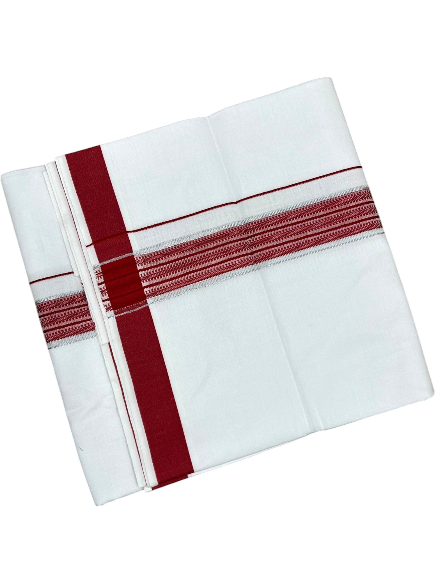 Southloom Pure White Cotton Single Mundu with Silver Line & Maroon Border (South Indian Kerala Dhoti)