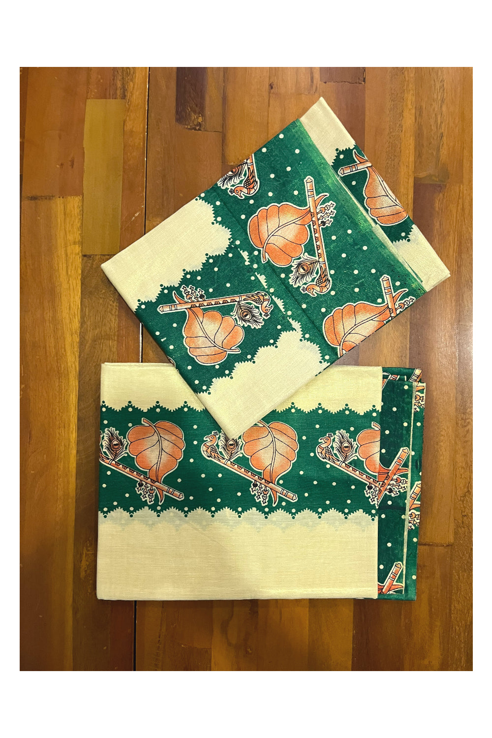 Kerala Tissue Kasavu Set Mundu (Mundum Neriyathum) with Flute and Leaf Mural Prints on Green Border (Onam Set Mundu 2023)