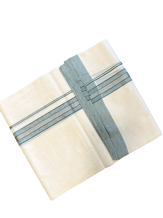Southloom Premium Handloom Cotton Double Mundu with Silver and Green Border