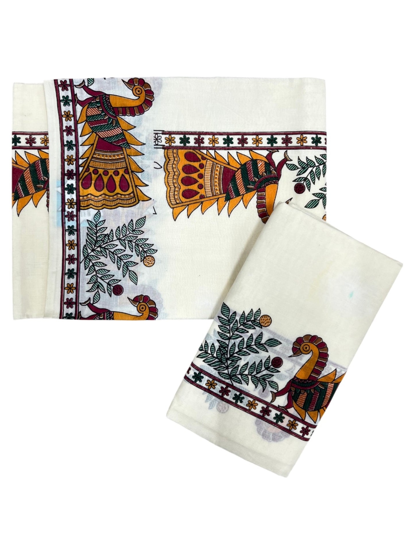 Southloom Cotton Single Set Mundu (Mundu Neriyathum) With Peacock Print On Kasavu in 2.80 Mtrs