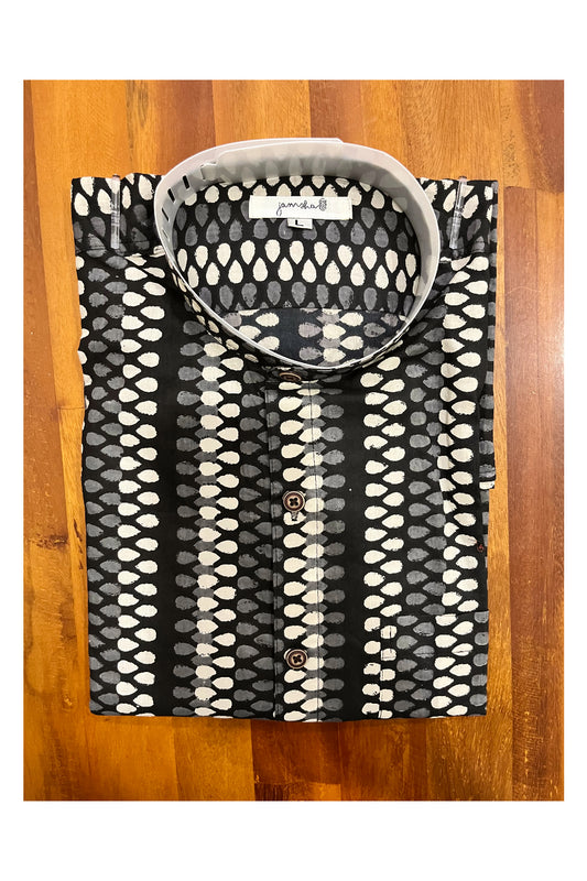 Southloom Jaipur Cotton Black Hand Block Printed Mandarin Collar Shirt (Full Sleeves)