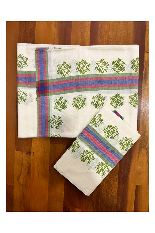 Kerala Pure Cotton Single Set Mundu (Mundum Neriyathum) with Green Block Prints on Red Blue Border