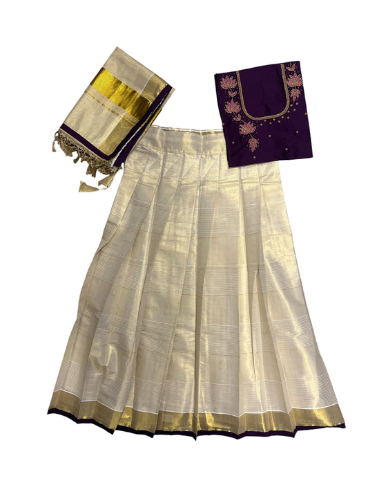 Southloom Semi Stitched Tissue Dhavani Set with Pavada and Purple Blouse Piece