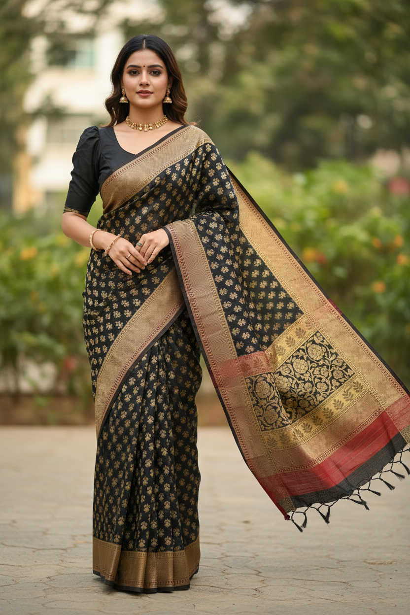 Southloom Cotton Banarasi Silk Saree with Woven Work on Body and Borders(Black)