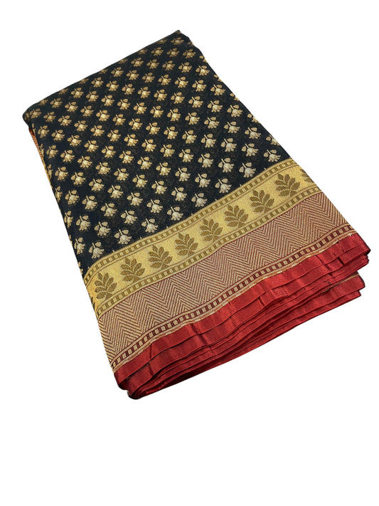 Southloom Cotton Banarasi Silk Saree with Woven Work on Body and Borders(Black)