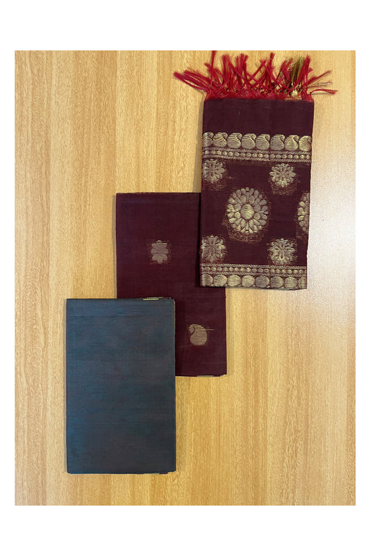 Southloom™ Cotton Semi Silk 3 Piece Maroon and Green Salwar Material with Woven Zari Butta Work