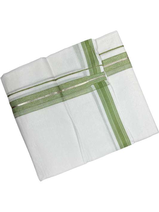 Southloom Kerala Pure White Cotton Double Mundu with Silver Line & Green Border (South Indian Dhoti)