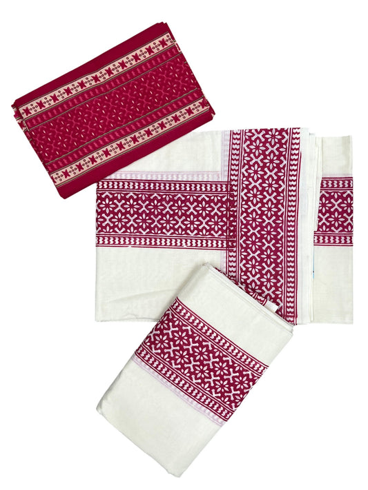 Southloom Magenta Block Printed Set Mundu with Blouse Piece 2.80Mtrs SL423