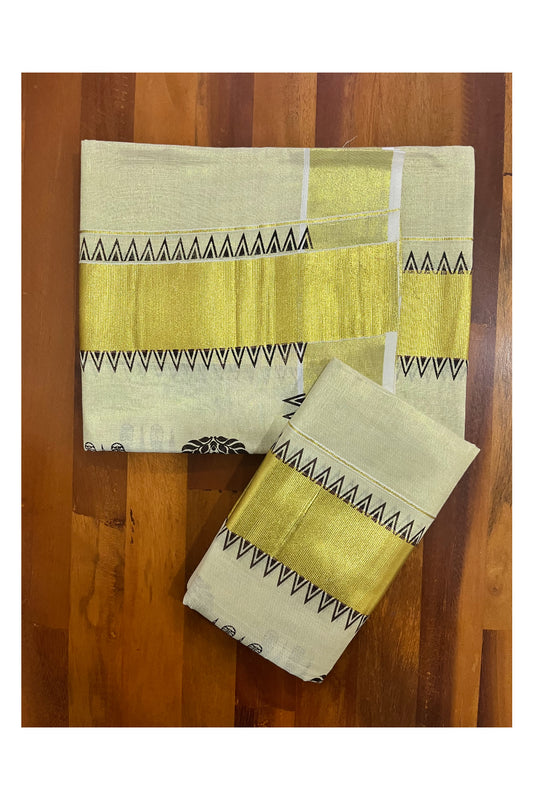 Kerala Tissue Single Set Mundu (Mundum Neriyathum) with Brown Block Prints and Temple Border 2.80 Mtrs