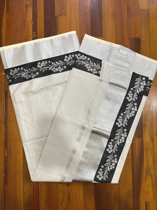 Kerala Silver Tissue Kasavu Saree with Black Floral Block Prints and Silver Border