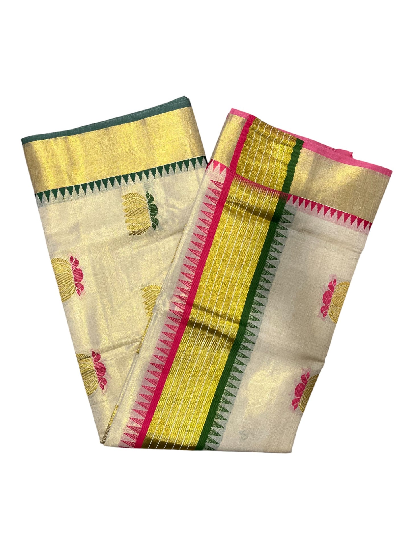 Southloom Kerala Tissue Kasavu Saree with Lotus Woven Work in Green And pink