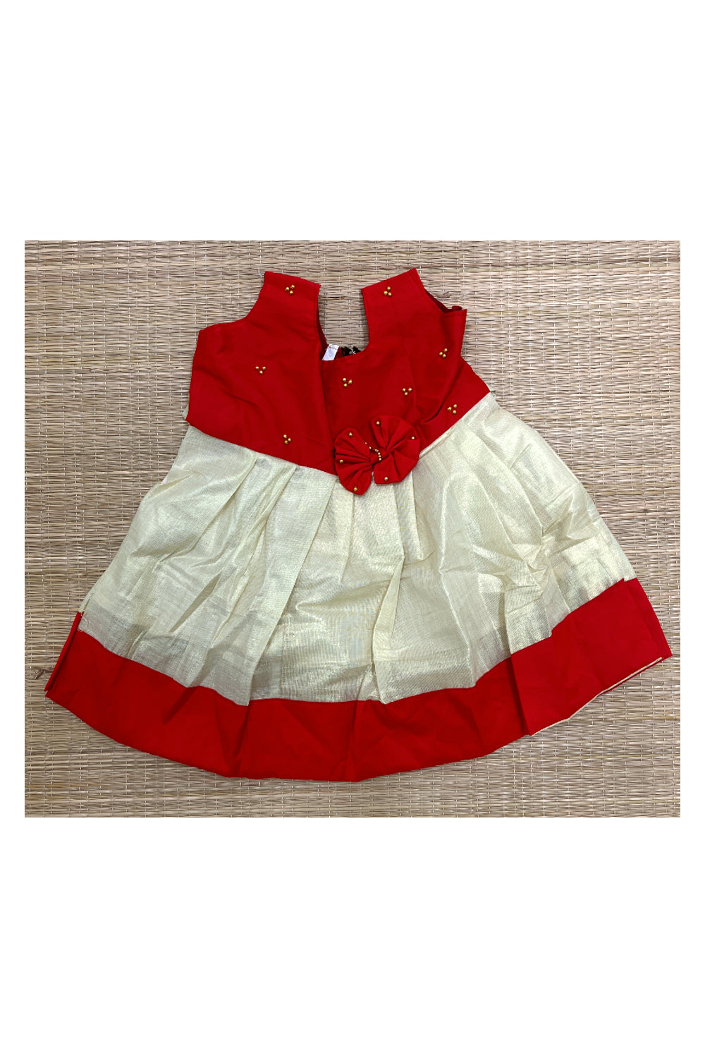 Southloom Kerala Tissue Frock with Red Bead Work Designs for Kids (1 Year)