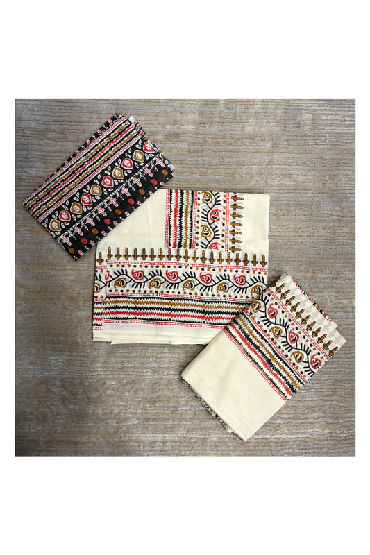 Southloom Pure Cotton Mulloth Set Mundu with Warly Print (Black Printed Blouse Piece)