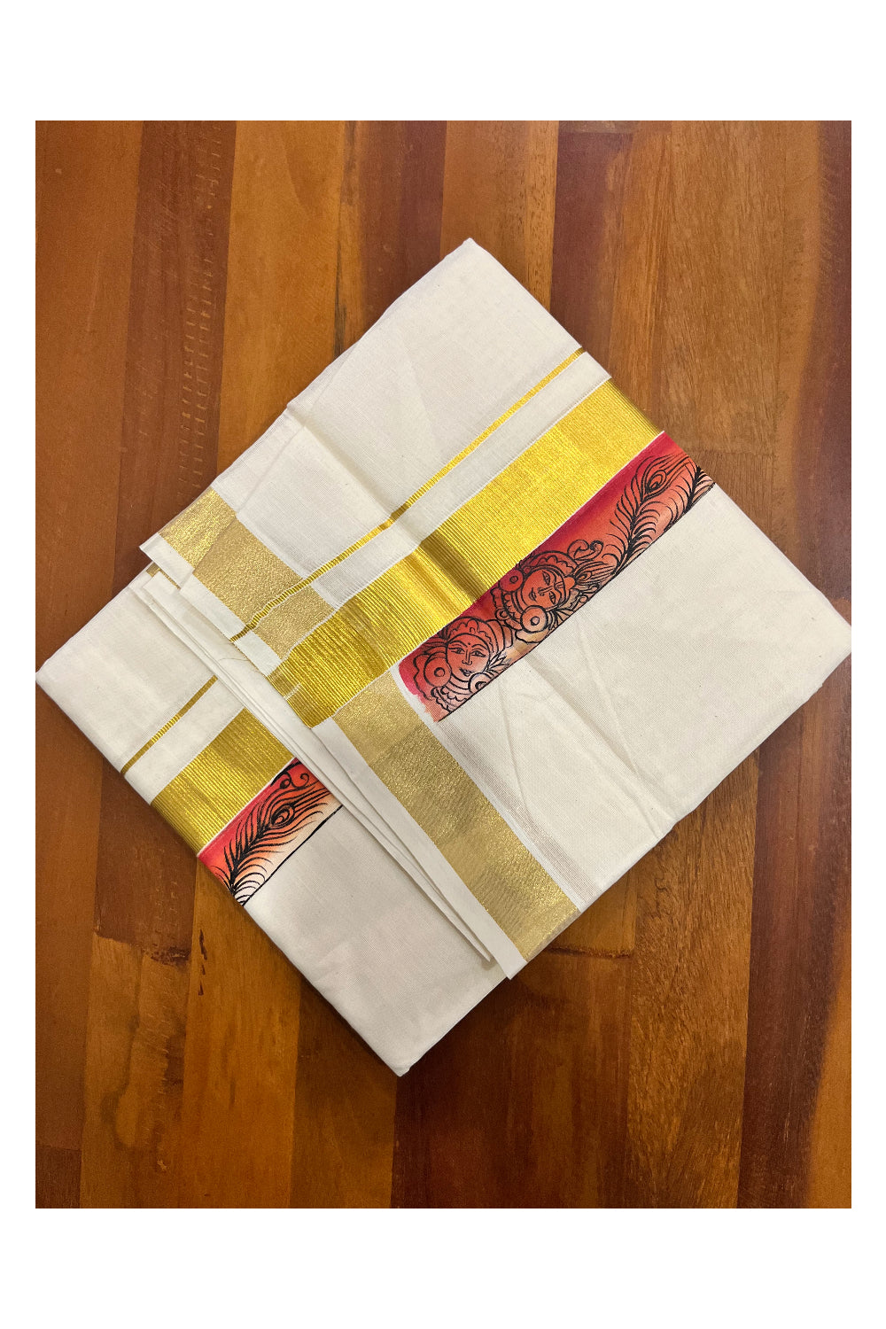 Kerala Pure Cotton Double Mundu with Mural Painted Design on Kasavu Border (South Indian Kerala Dhoti)