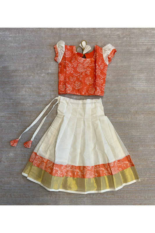 Southloom Kerala Orange Pavada Blouse with Bead Work for Kids (Age 1 - 10)