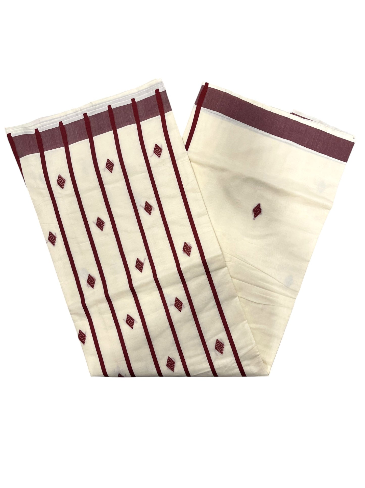 Southloom Kerala Pure Cotton Saree with Maroon Butta Embroidery Works on Body
