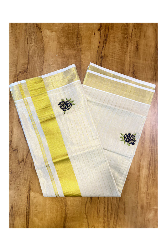 Southloom Kerala Tissue Kasavu Lines Saree with Blue Floral Embroidery Works