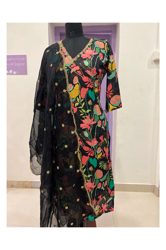 Southloom Stitched Semi Silk Salwar Set in Black and Floral Prints