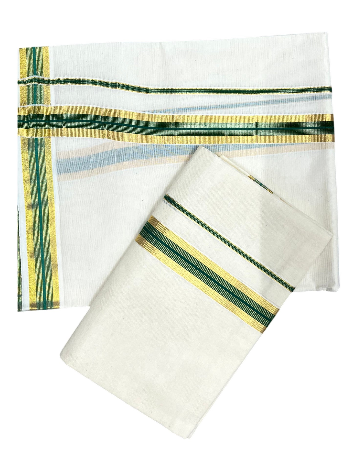 Southloom Pure Cotton Kerala Single Set Mundu (Mundum Neriyathum) with Green and Kasavu Border 2.80 Mtrs SLKK
