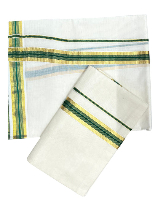 Southloom Pure Cotton Kerala Single Set Mundu (Mundum Neriyathum) with Green and Kasavu Border 2.80 Mtrs SLKK SL523