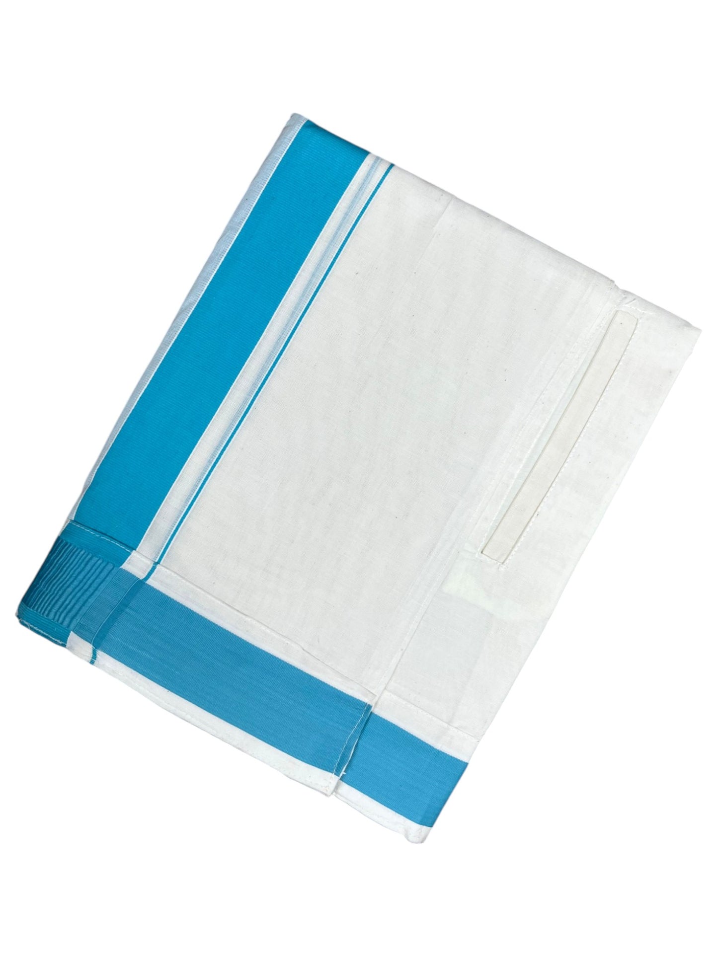 Southloom Kerala Cotton Velcro Mundu with Blue Border (South Indian Kerala Dhoti) in 3.85 mtrs